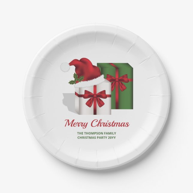 White And Green Gift Boxes With A Santa Hat Paper Plate (Front)