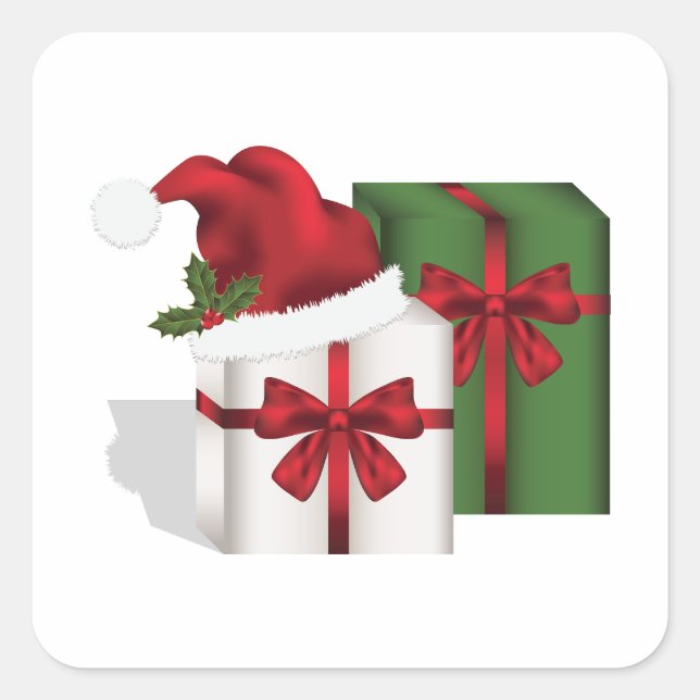 White And Green Gift Boxes With A Santa Hat Square Sticker (Front)