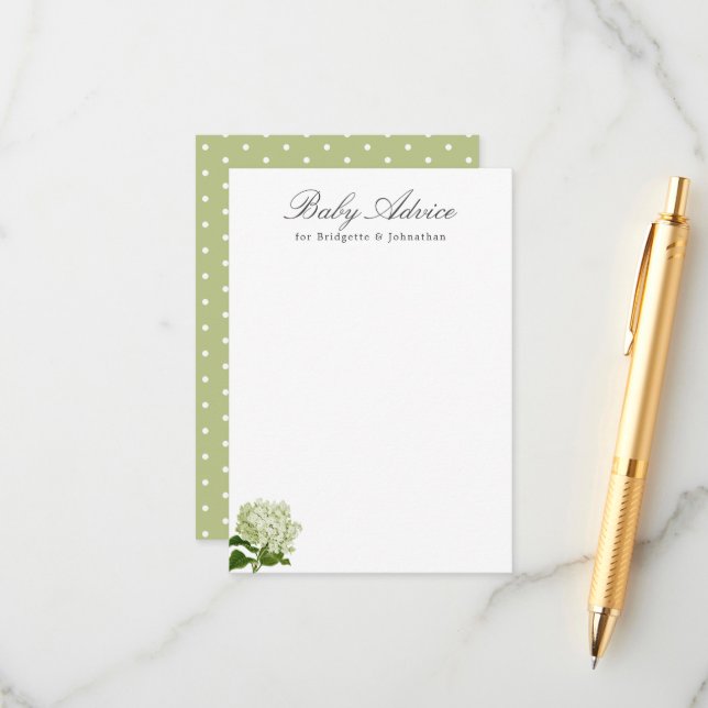 White and Green Hydrangea Baby Advice Enclosure Card (Front/Back In Situ)