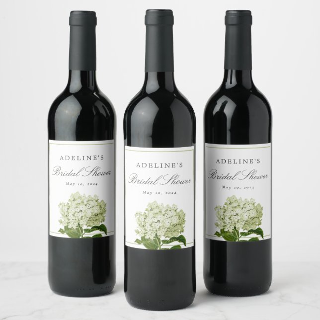 White and Green Hydrangea Elegant Bridal Shower Wine Label (Bottles)