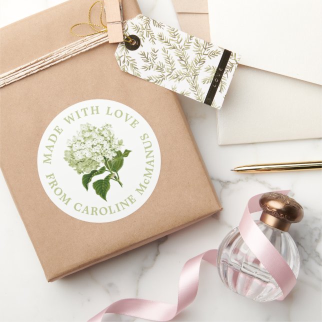 White and Green Hydrangea Made with Love Classic Round Sticker (Gifting)