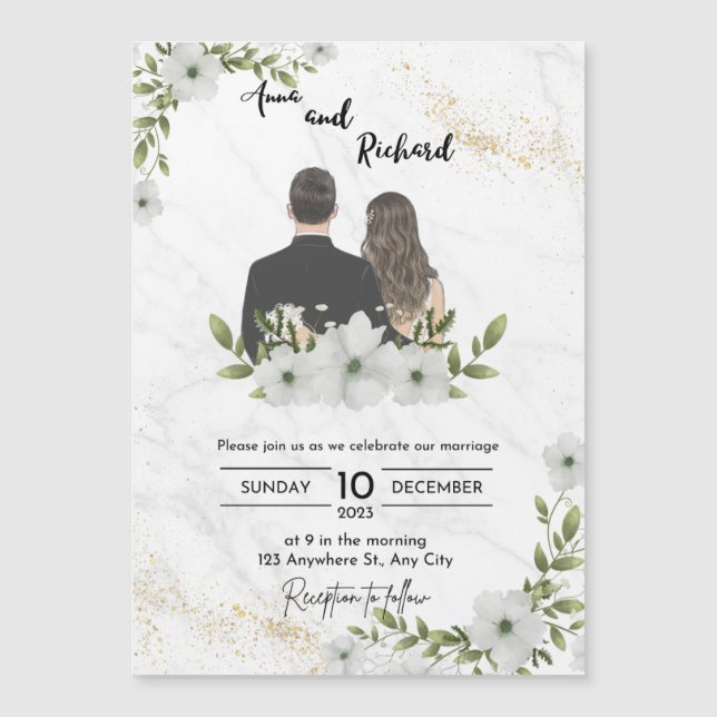 White and Green Illustrative Wedding Virtual Invit Magnetic Invitation (Front)