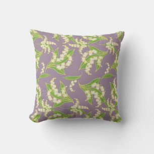White and Green Lily-of-the-Valley Patter on Mauve Cushion