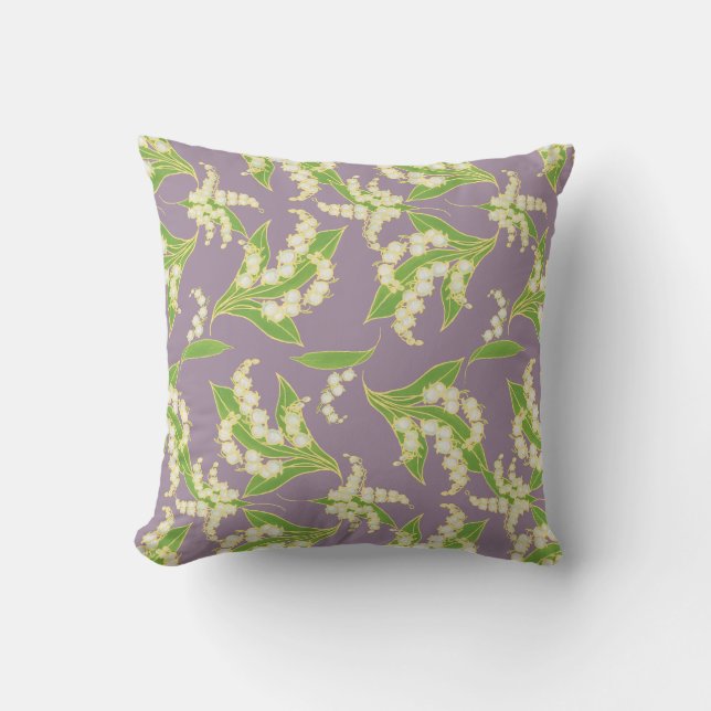 White and Green Lily-of-the-Valley Patter on Mauve Cushion (Front)