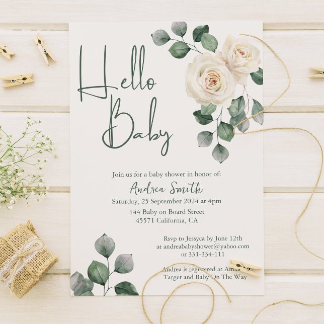 White and Green Rose Baby Shower Invitation (Creator Uploaded)