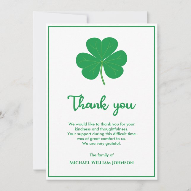 White And Green Shamrock Clover Irish Funeral Thank You Card (Front)