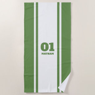 White and Green Sports Stripe Name & Number Beach Towel