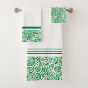 White and green vintage paisley with stripes bath towel set