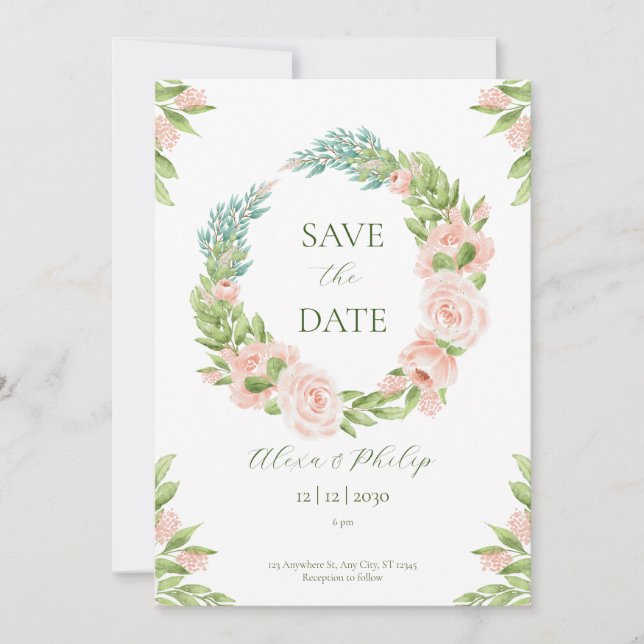 White and Green Watercolor Save the Date Invitation (Front)
