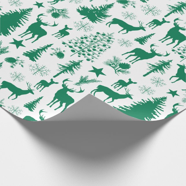 White And Green Woodland Forest Reindeer Wrapping Paper (Corner)
