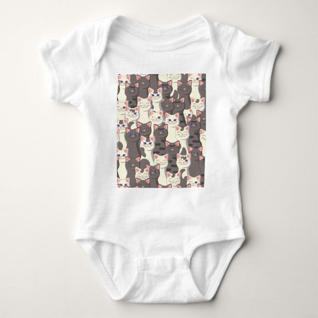 White and grey cats pattern baby bodysuit (Front)