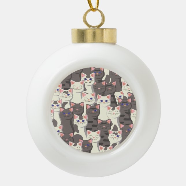 White and grey cats pattern ceramic ball christmas ornament (Front)