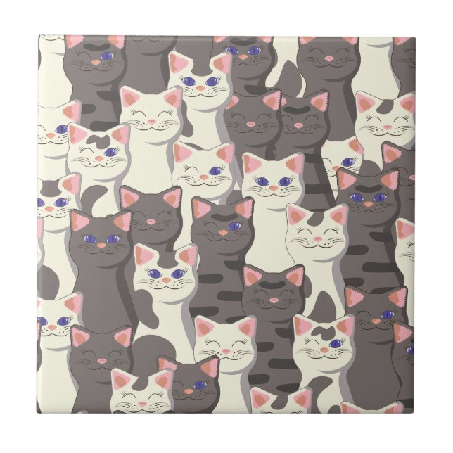 White and grey cats pattern ceramic tile (Front)