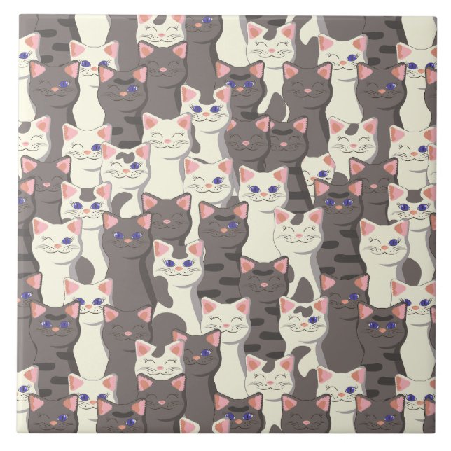 White and grey cats pattern ceramic tile (Front)