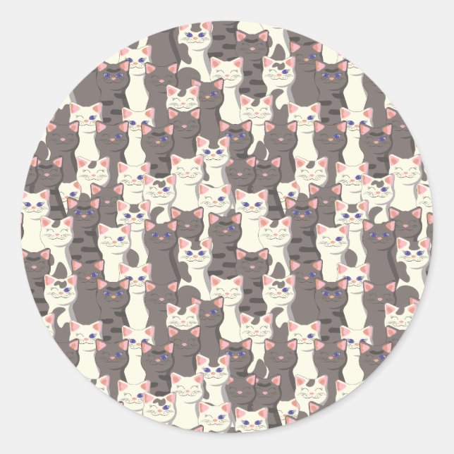 White and grey cats pattern classic round sticker (Front)