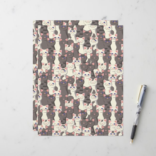 White and grey cats pattern custom letterhead (Front/Back In Situ)