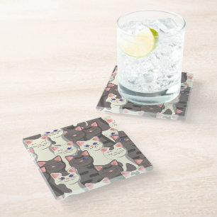 White and grey cats pattern glass coaster