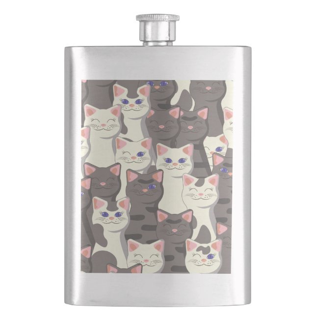 White and grey cats pattern hip flask (Front)