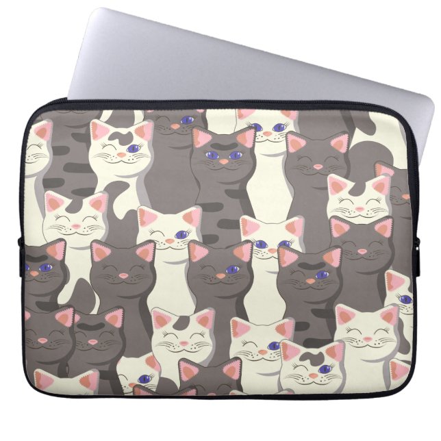 White and grey cats pattern laptop sleeve (Front)