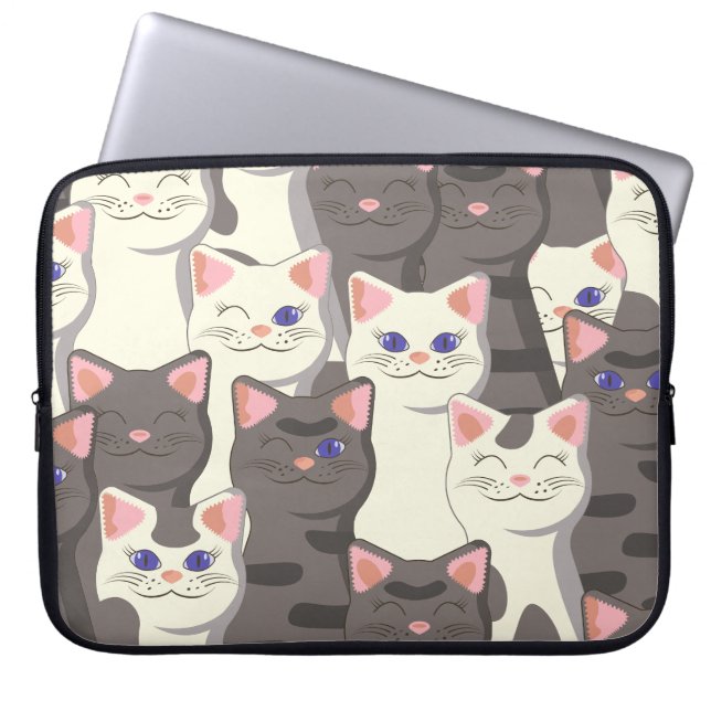 White and grey cats pattern laptop sleeve (Front)