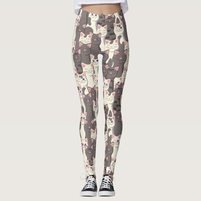 White and grey cats pattern leggings (Front)