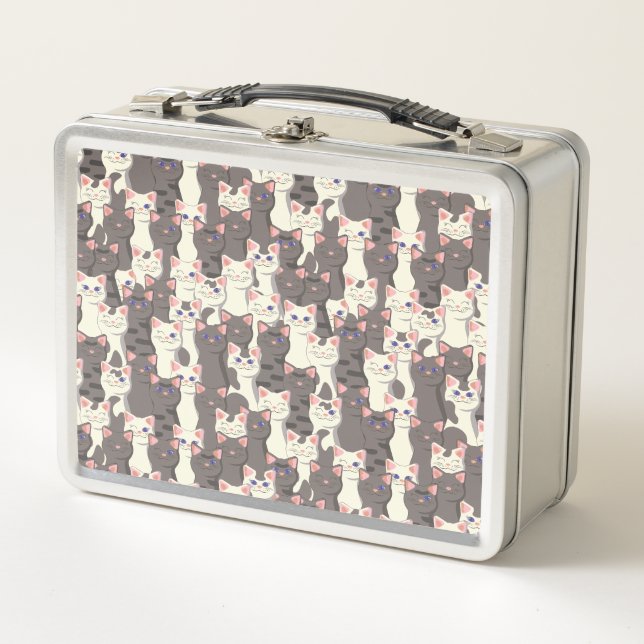 White and grey cats pattern metal lunch box (Front)