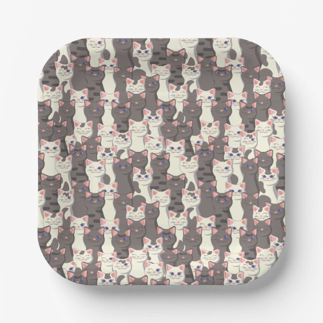 White and grey cats pattern paper plate (Front)