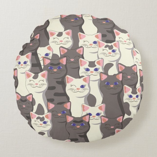 White and grey cats pattern round cushion (Front)