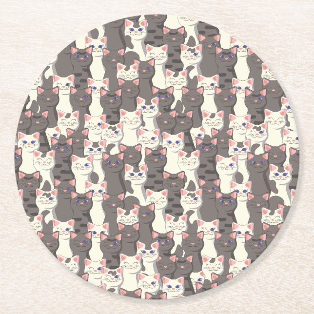 White and grey cats pattern round paper coaster (Front)
