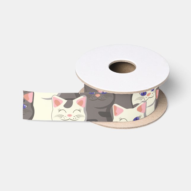 White and grey cats pattern satin ribbon (Spool)