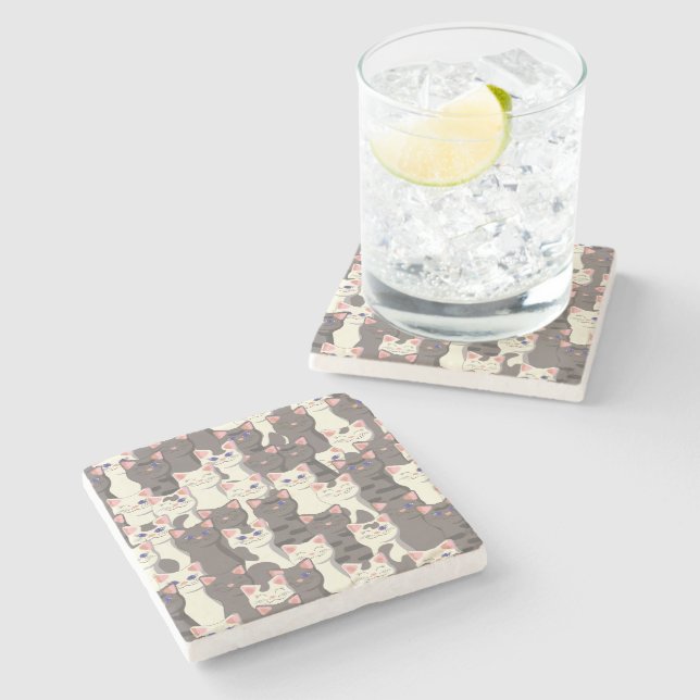 White and grey cats pattern stone coaster (Side)