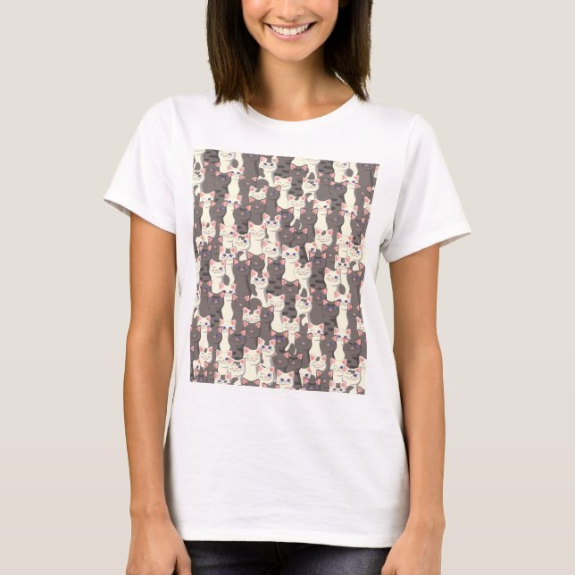 White and grey cats pattern T-Shirt (Front)