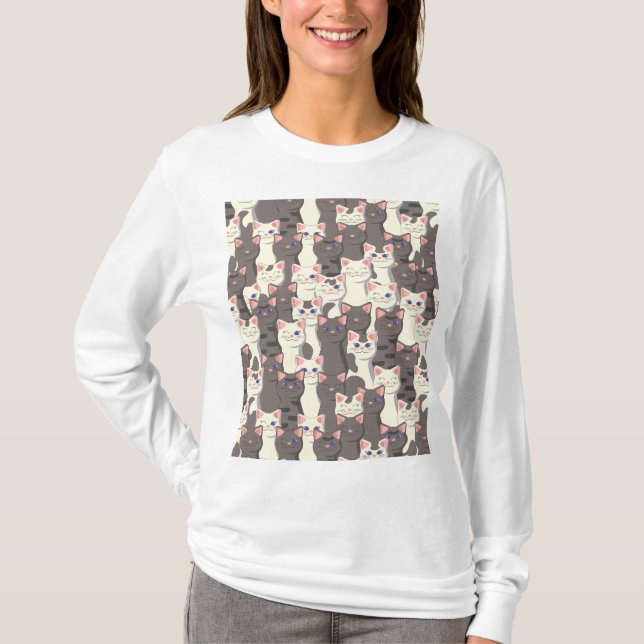 White and grey cats pattern T-Shirt (Front)