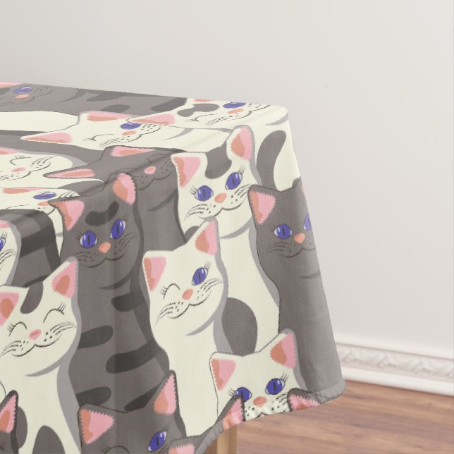 White and grey cats pattern tablecloth (In Situ)