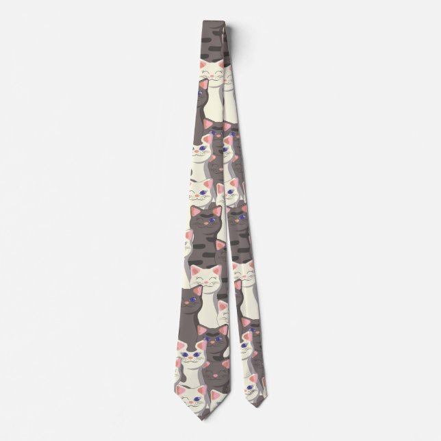 White and grey cats pattern tie (Front)