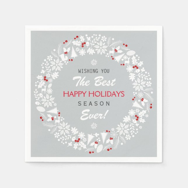 White And Grey Christmas Wreath Happy Holidays Napkin (Front)