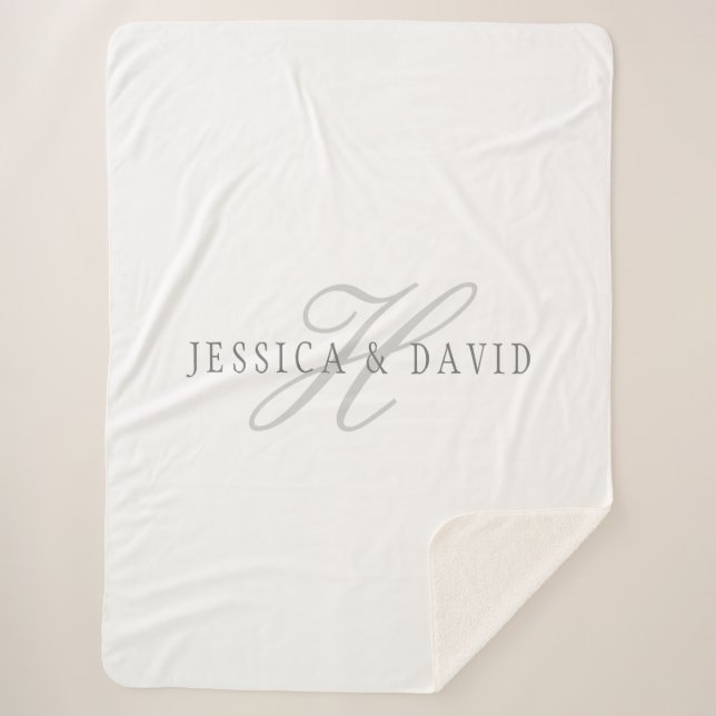 White and Grey | Couples Names & Surname Monogram Sherpa Blanket (Front)