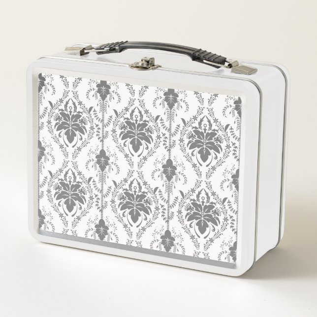 White and grey Damask openwork pattern Metal Lunch Box (Front)