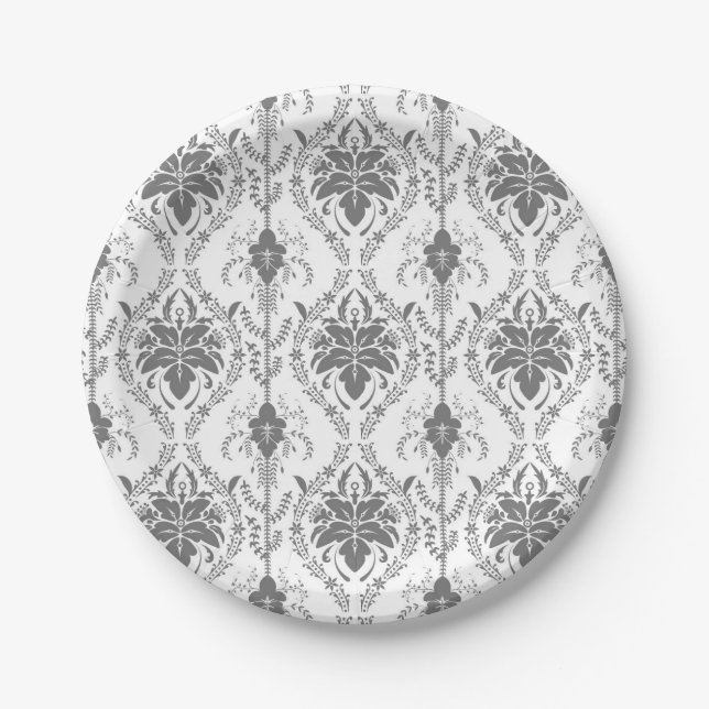 White and grey Damask openwork pattern Paper Plate (Front)