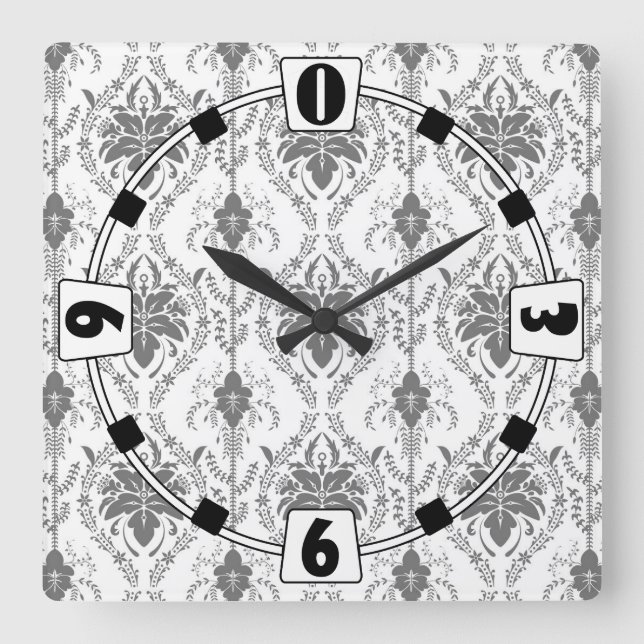 White and grey Damask openwork pattern Square Wall Clock (Front)