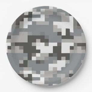 White and Grey Digital Camouflage Paper Plates