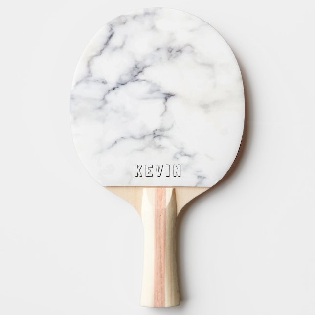 White and grey faux marble custom monogram ping pong paddle (Front)