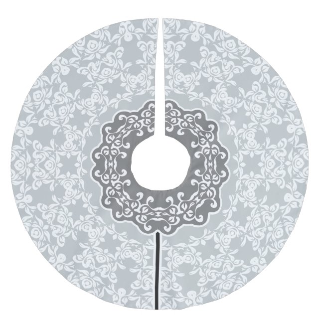 White And Grey Floral Circle ornament Brushed Polyester Tree Skirt (Front)