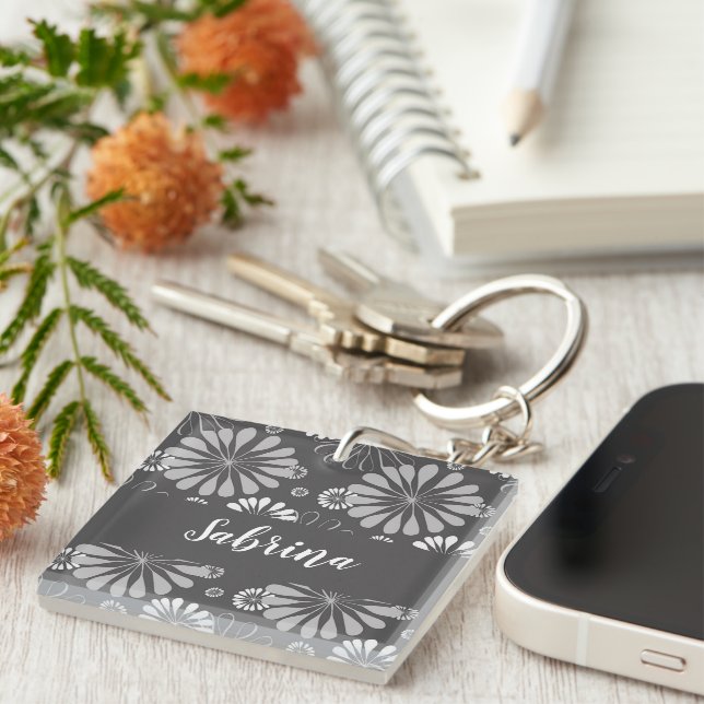 White and grey floral pattern key ring (Front Right)
