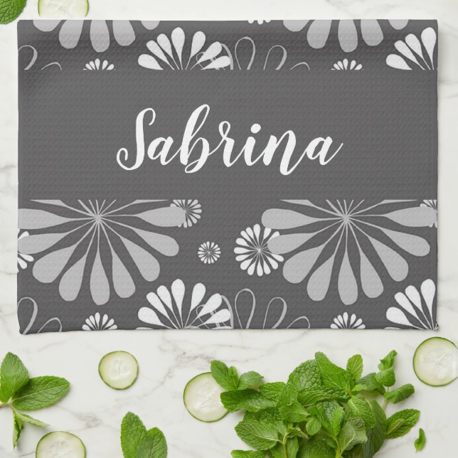 White and grey floral pattern tea towel (Folded)