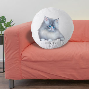 White and Grey Fluffy Furry Kitten Round Cushion