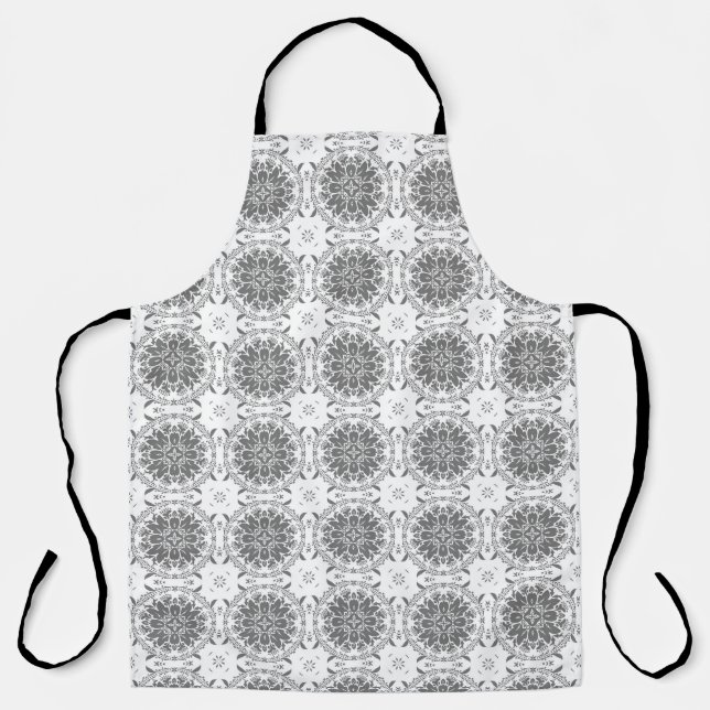White and grey folklore ornament damask apron (Front)