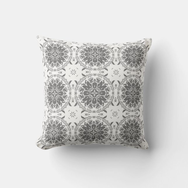 White and grey folklore ornament damask cushion (Front)