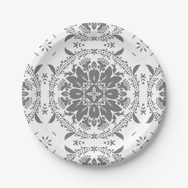 White and grey folklore ornament damask paper plate (Front)
