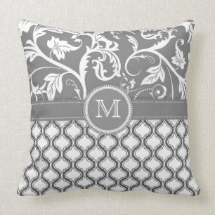 White And Grey Geometric Pattern And Floral Design Cushion